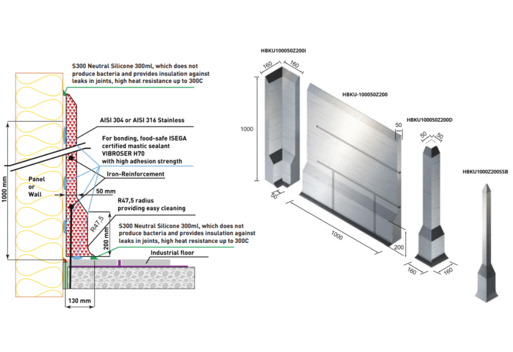 Bordure en acier inoxydable, sur le revêtement de sol 1000x1000x50/Z200mm