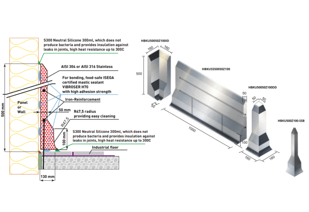 Bordure en acier inoxydable, sur le revêtement de sol 500x1000x50Z100mm