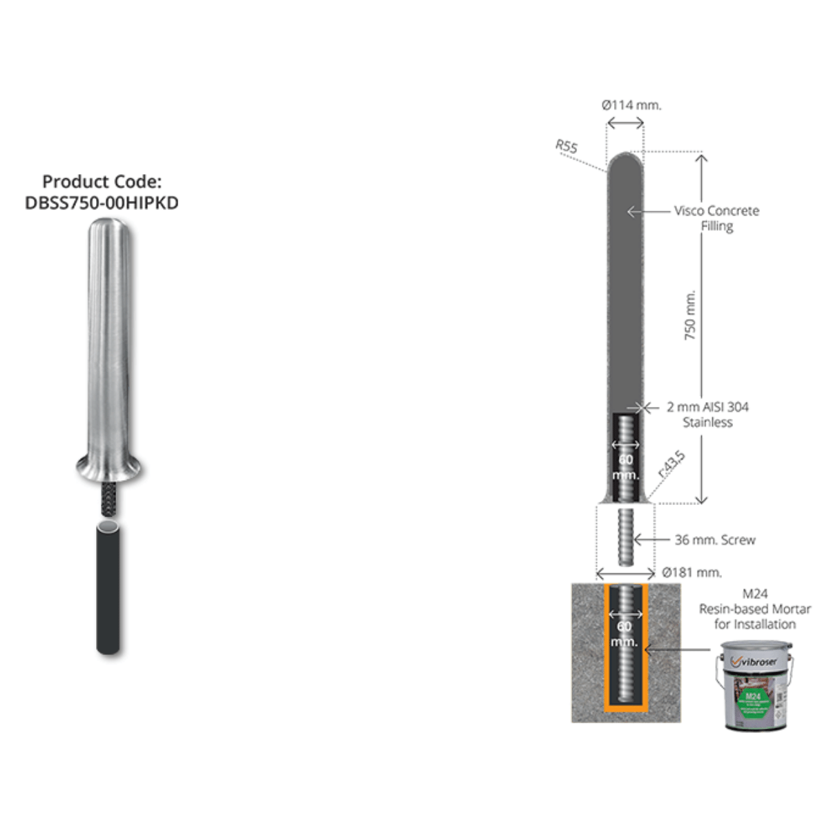 Borne amovible en acier inoxydable 750mm