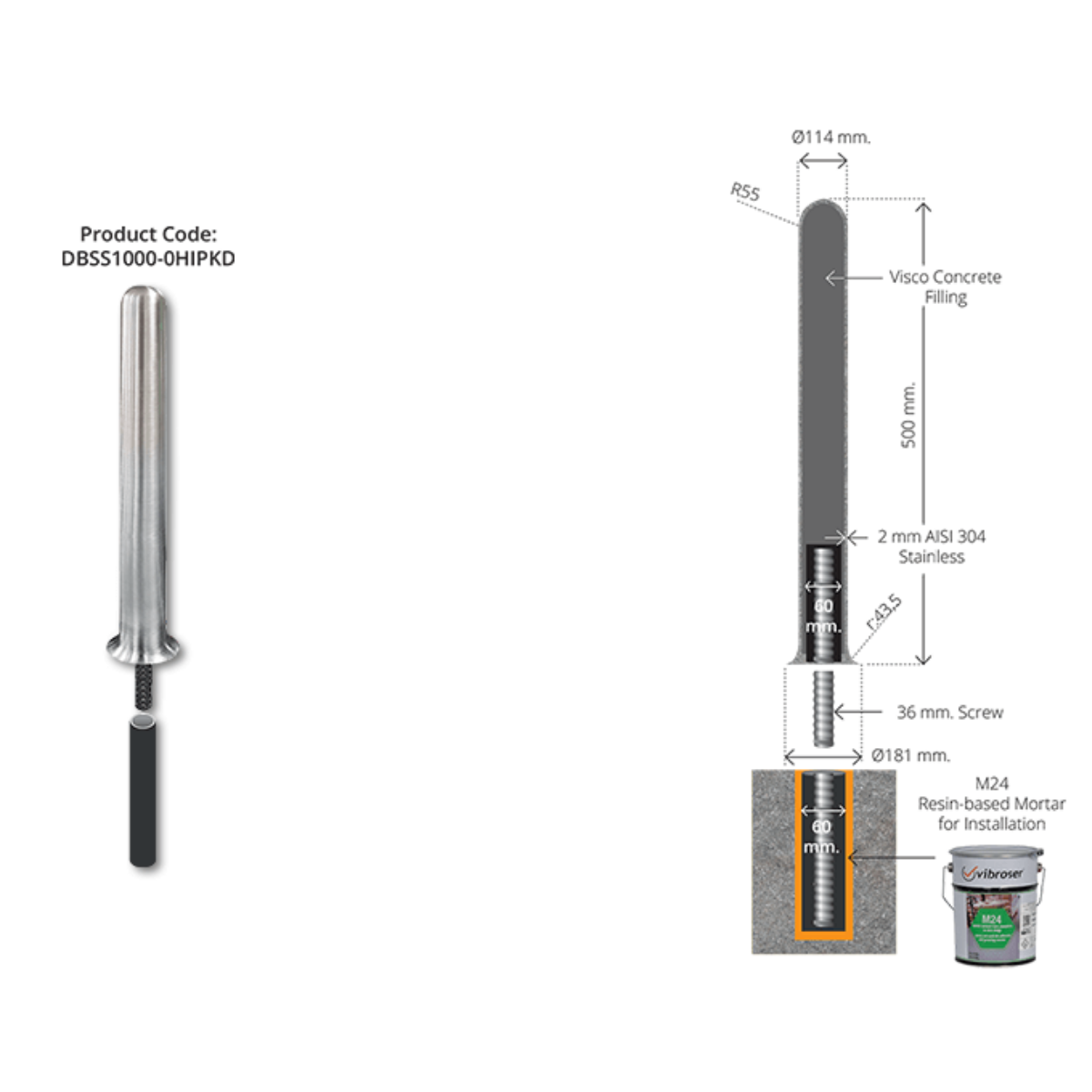 Borne amovible en acier inoxydable 1000mm