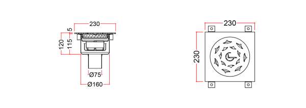 Stainless Steel Floor Drain, Grated WPA-2P-5-F-75-U