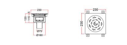 Stainless Steel Floor Drain, Grated WPA-2P-5-F-75-U