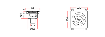 Stainless Steel Floor Drain, Grated WPA-2P-8-F-75-U